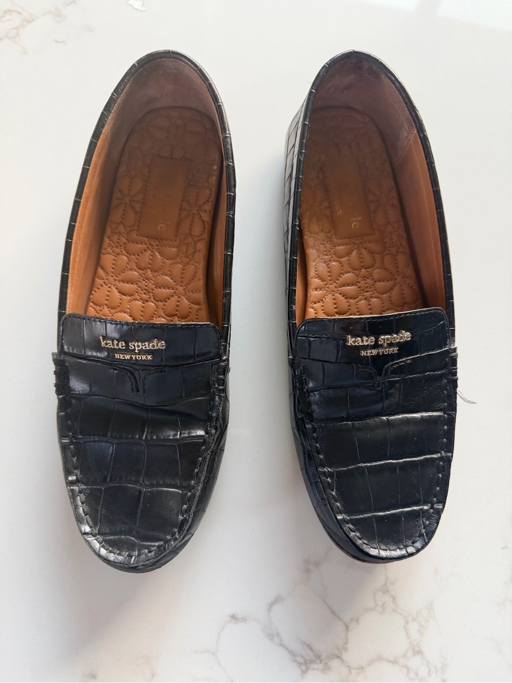 kate spade Black Croc-Embossed Leather Penny Loafers